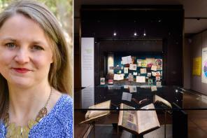 Photo of Prof Marion Turner alongside a photo of her 'Chaucer Here and Now' exhibition at the Weston Library