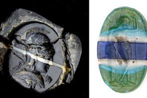 Side by side images of two items from a 'Rediscovered Gems' exhibition, which showcases gemstones with carvings of figures from classical history