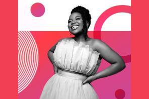 Black and white photo of Vee Kativhu on a bright pink background