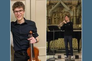 Side by side photos of Tom Kirby playing the oboe and Matthew Eldridge holding a violin