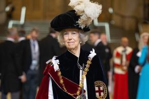 Baroness Manningham-Buller in her ceremonial robes of the Most Noble Order of the Garter
