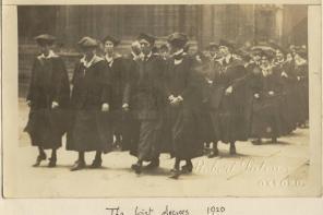 In 1920 women finally became full members of the University. This photograph, taken from the unpublished memoir of Helena Deneke ( LMH Tutor of German 1913-1938), shows students walking to the Sheldonian Theatre before being  presented their degrees.
