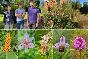 A photo of LMH's gardeners, two men and one woman, standing against a beautiful backdrop of greenery and flowers. Alongside this main image are smaller images showing close-ups of a variety of brightly coloured flowers from the LMH gardens.