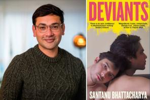 A photo of author Santanu Bhattacharya alongside the cover of his new novel, 'Deviants'