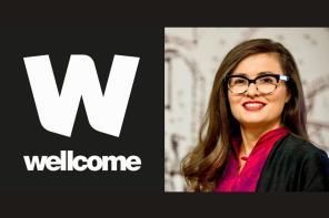 A headshot of Professor Ana Domingos, a woman with long dark brown hair who wears glasses and a pink top alongside the Wellcome Trust logo