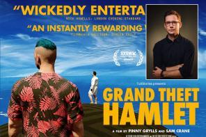 film poster for Grand Theft Hamlet, which shows a grand theft auto avatar standing looking out over a blue ocean