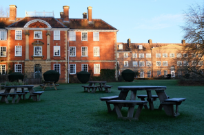 Winter light and shadows fall over LMH's buildings and gardens