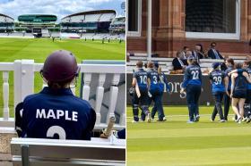Photos of the Varsity T20 Cricket Match at Lords, showing players wearing blue t-shirts and trousers on the cricket pitch