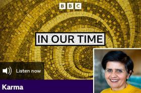 The BBC Radio 4 In Our Time backdrop with a photo of Professor Monima Chadha