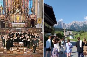 Photos showing the LMH Choir on tour, one inside a church and one of a group of students walking through a town with picturesque mountains in the background