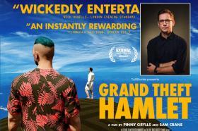 film poster for Grand Theft Hamlet, which shows a grand theft auto avatar standing looking out over a blue ocean
