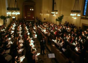 The inside of the LMH Chapel during a candlelit service