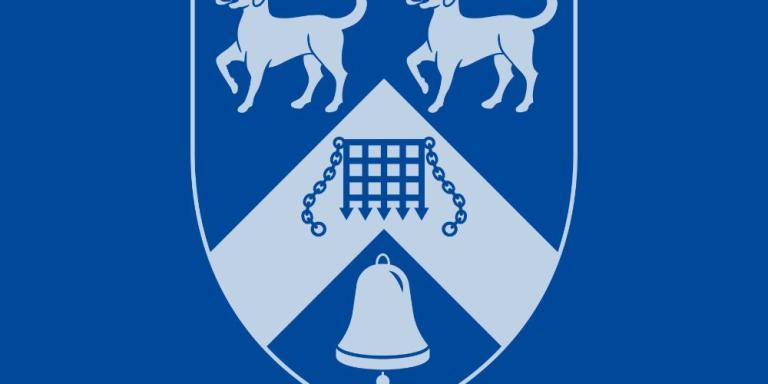 A blue background with a grey-ed out LMH crest which features two dogs, a chevron with a portcullis and a bell