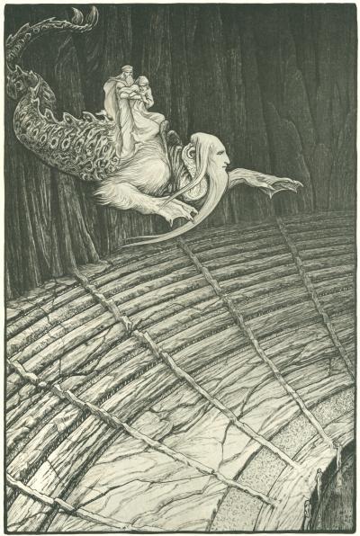 Drawing: 'Petrified Dante supported by Virgil being transported down into lower Hell'
