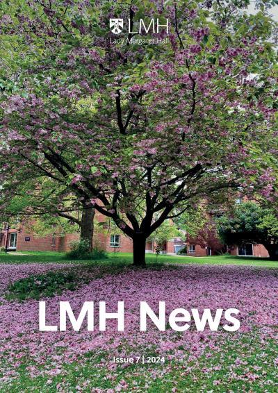 Cover of LMH News 2024, which has a photo of a cherry tree with the floor around it covered in pink blossom