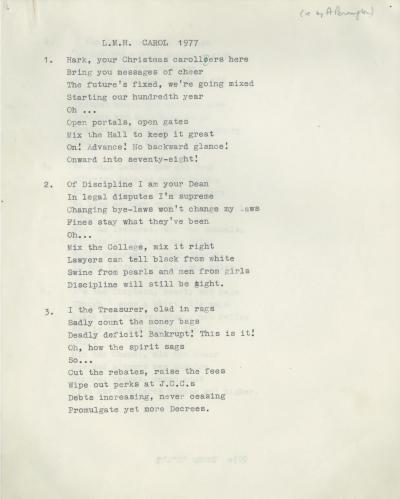 A scan of the 'LMH Carol' from the LMH College archives
