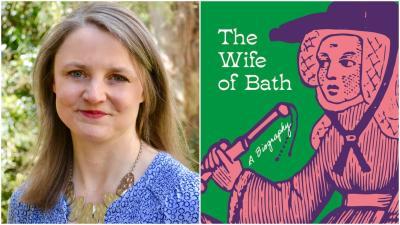 Photo of Professor Marion Turner next to an image of the cover of her book, the Wife of Bath