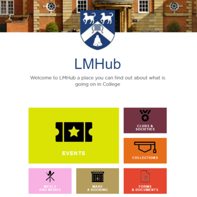 A screenshot of the LMH intranet, showing brightly coloured boxes with graphics in them