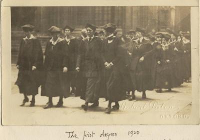 In 1920 women finally became full members of the University. This photograph, taken from the unpublished memoir of Helena Deneke ( LMH Tutor of German 1913-1938), shows students walking to the Sheldonian Theatre before being presented their degrees.