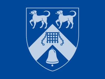 A blue background with a grey-ed out LMH crest which features two dogs, a chevron with a portcullis and a bell