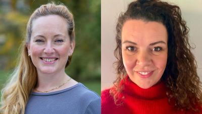 Side by side photos of two women, Lizzie Shine (who has long strawberry blonde hair) and Dr Erin Ferguson (who has long dark curly hair and wears a bright red top)